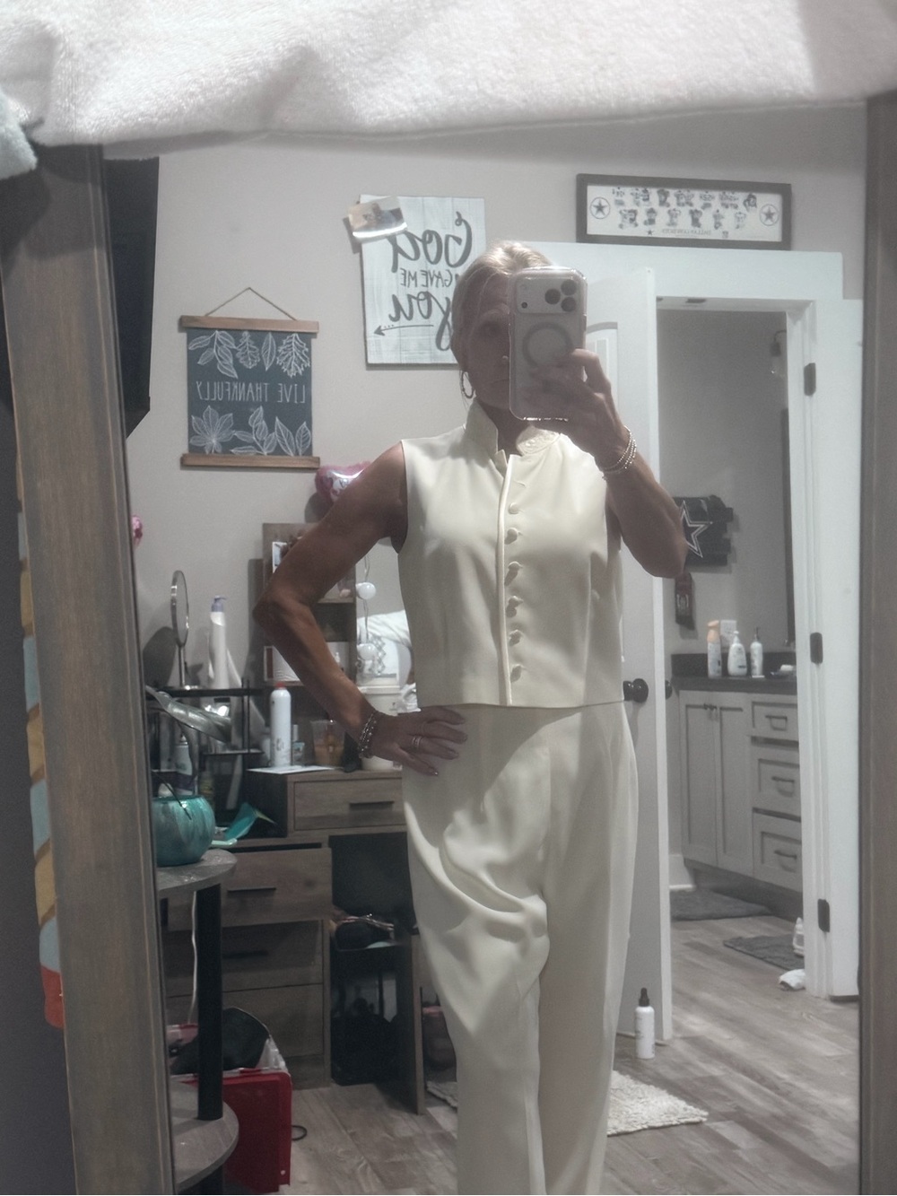 Donna Morgan Cream Sleeveless Button-Front Jumpsuit with High Neck